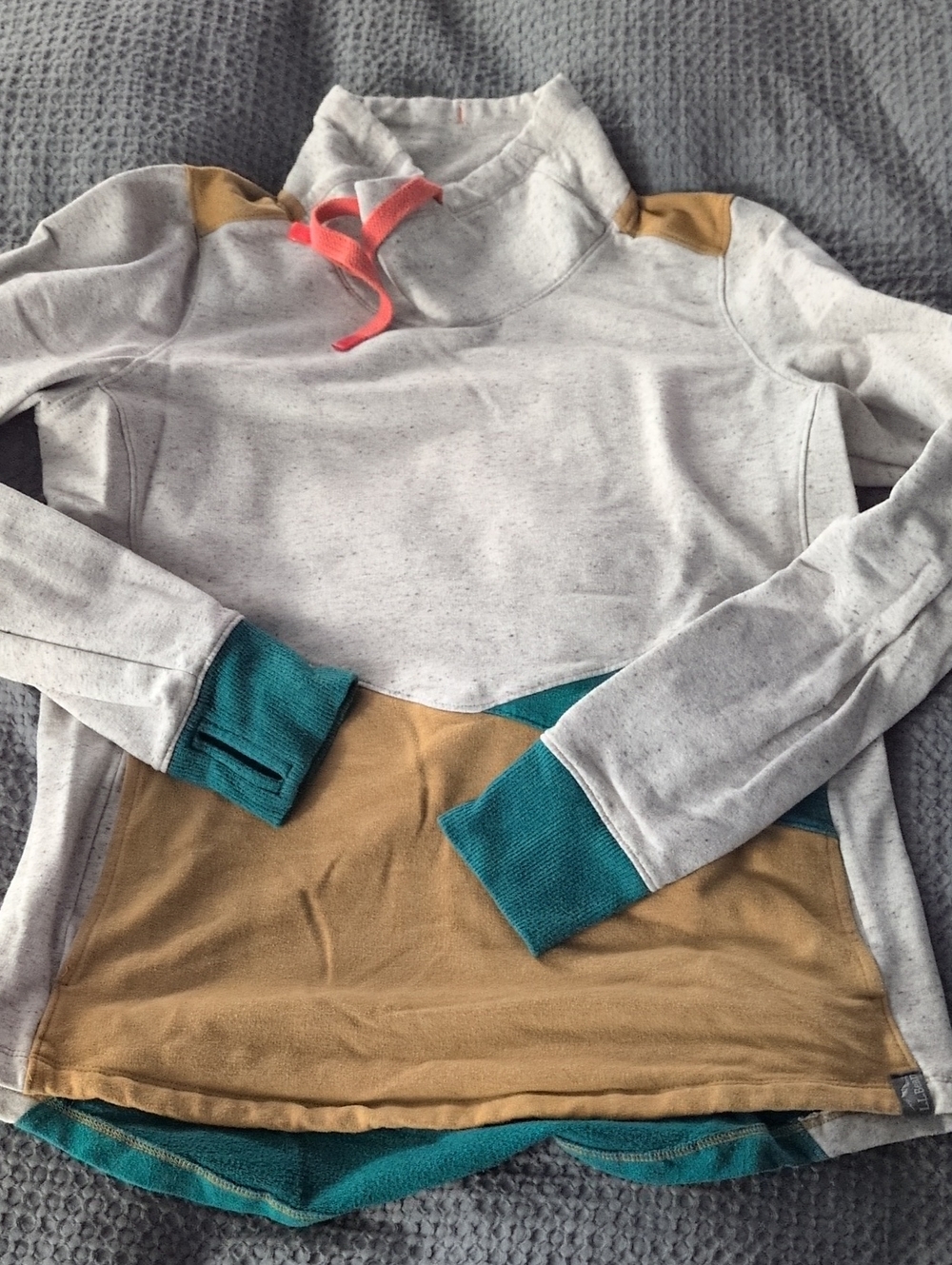 EUC L.L. Bean Heather Gray Cowl Pullover with Teal, Tan and Coral Accents